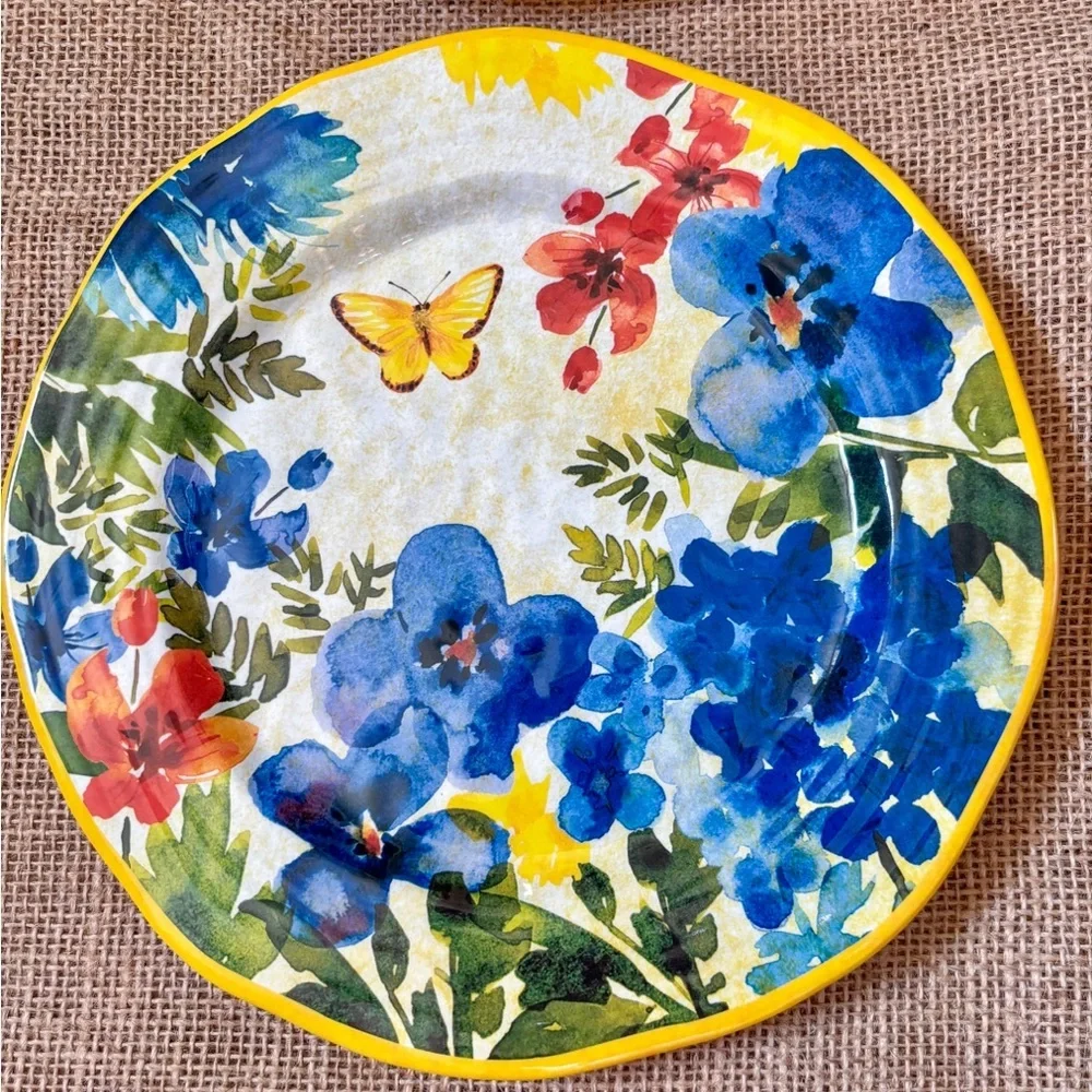 Pier 1 Floral Butterfly Melamine Plate Set Picnic Camper Cottage Core Artsy